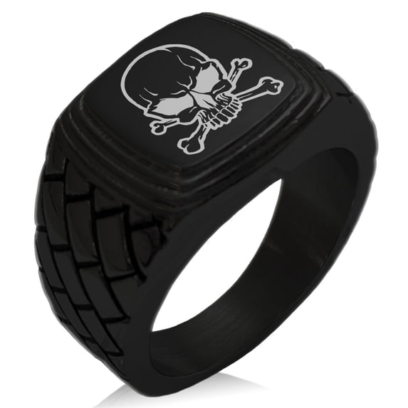 Stainless Steel Pirate Skull & Crossbones Geometric Pattern Step-Down Biker Style Polished Ring