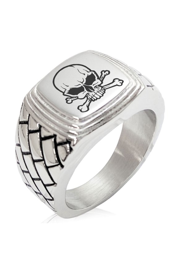 Stainless Steel Pirate Skull & Crossbones Geometric Pattern Step-Down Biker Style Polished Ring