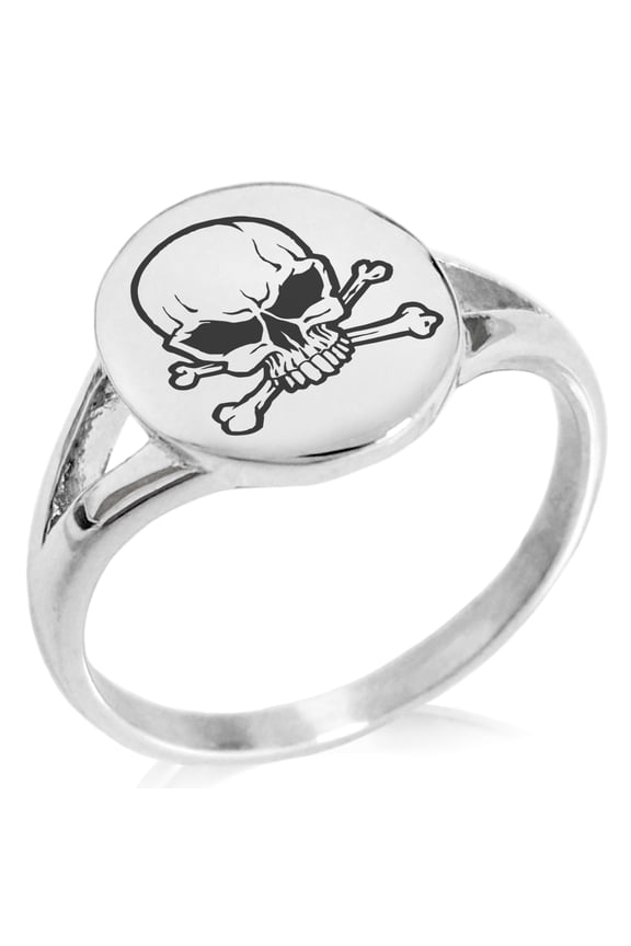 Stainless Steel Pirate Skull & Crossbones Minimalist Oval Top Polished Statement Signet Ring