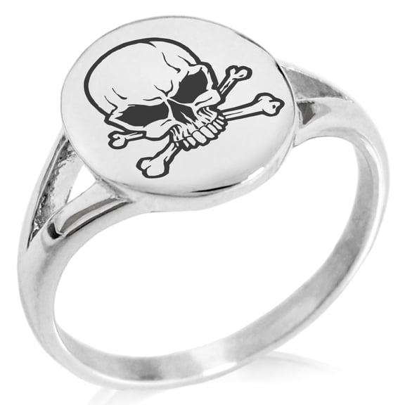 Stainless Steel Pirate Skull & Crossbones Minimalist Oval Top Polished Statement Signet Ring