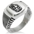 thumbnail image 1 of Stainless Steel Pirate Skull Crossbones Rum CZ Ribbed Needle Stripe Pattern Biker Style Polished Ring, 1 of 1
