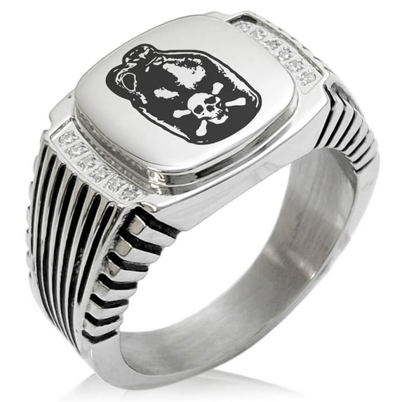 Stainless Steel Pirate Skull Crossbones Rum CZ Ribbed Needle Stripe Pattern Biker Style Polished Ring