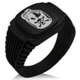 thumbnail image 1 of Stainless Steel Pirate Skull Crossbones Rum CZ Ribbed Needle Stripe Pattern Biker Style Polished Ring, 1 of 1