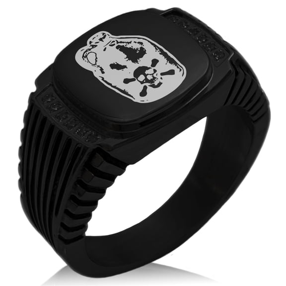 Stainless Steel Pirate Skull Crossbones Rum CZ Ribbed Needle Stripe Pattern Biker Style Polished Ring