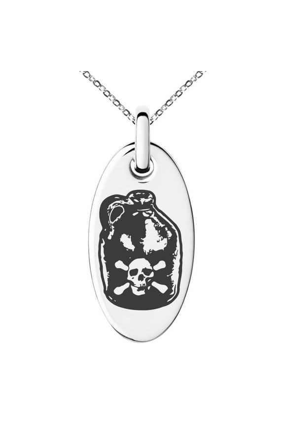 Stainless Steel Pirate Skull Crossbones Rum Engraved Small Oval Charm Pendant Necklace