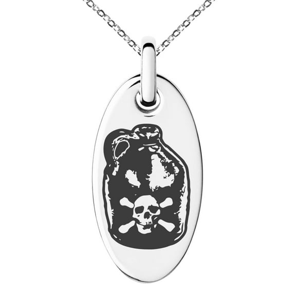 Tioneer Stainless Steel Pirate Skull Crossbones Rum Engraved Small Oval Charm Pendant Necklace