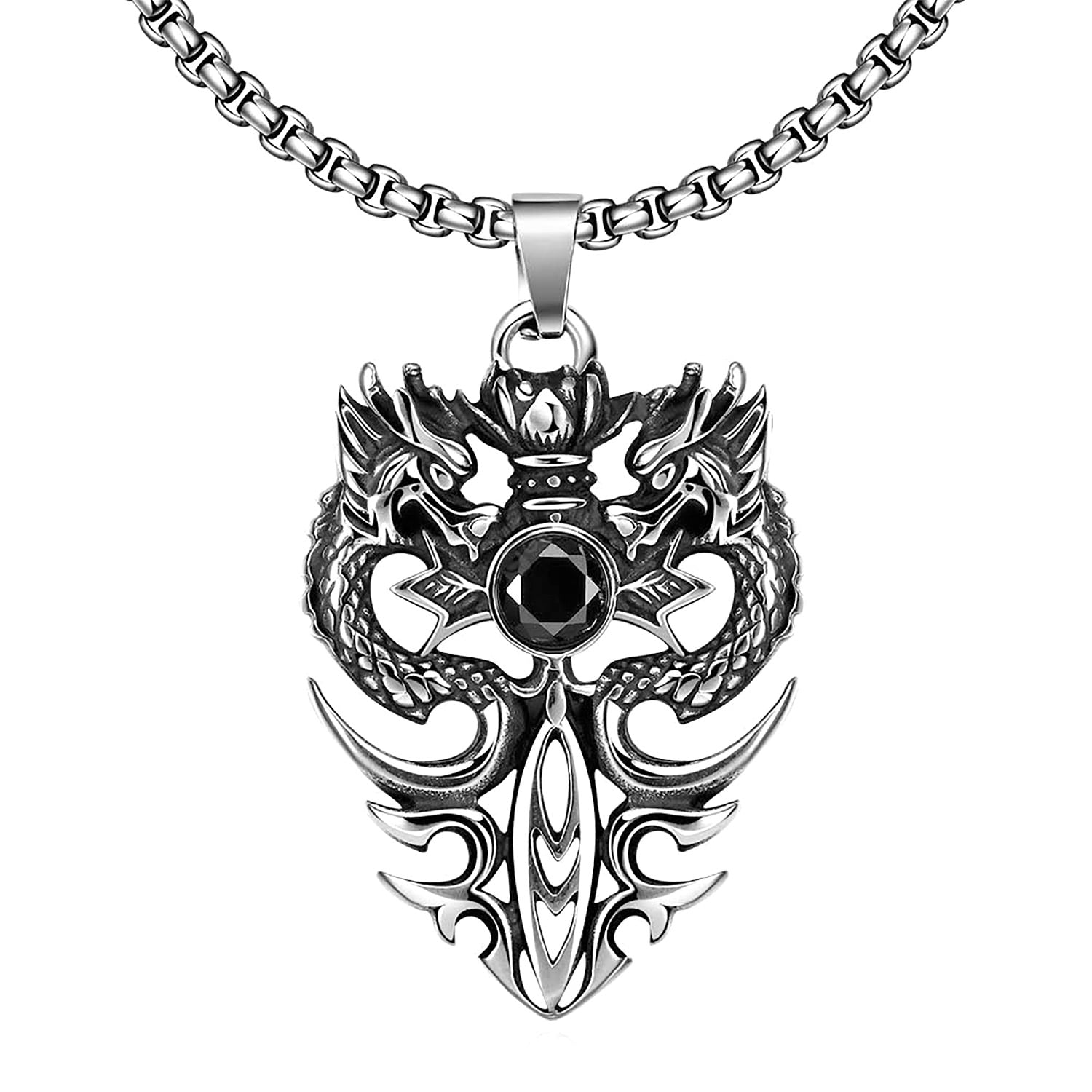 SEVEN SEAS PIRATES Stainless Steel Pirate Skull Lotus Dragon Pendant Necklace