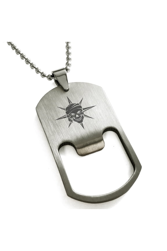 Stainless Steel Pirate Skull Star Compass Engraved Bottle Opener Dog Tag Pendant Necklace