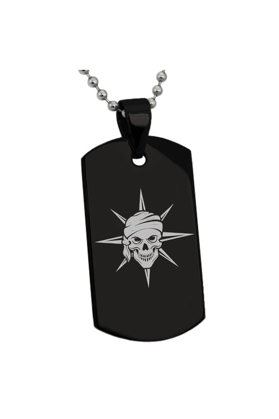Stainless Steel Pirate Skull Star Compass Engraved Dog Tag Pendant Necklace