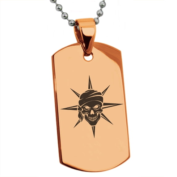 Stainless Steel Pirate Skull Star Compass Engraved Dog Tag Pendant Necklace