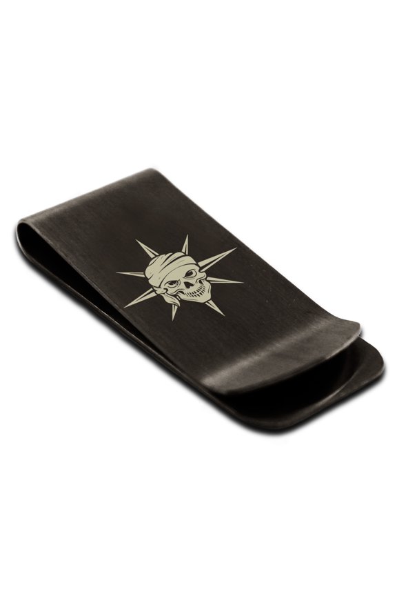 Stainless Steel Pirate Skull Star Compass Engraved Money Clip Credit Card Holder