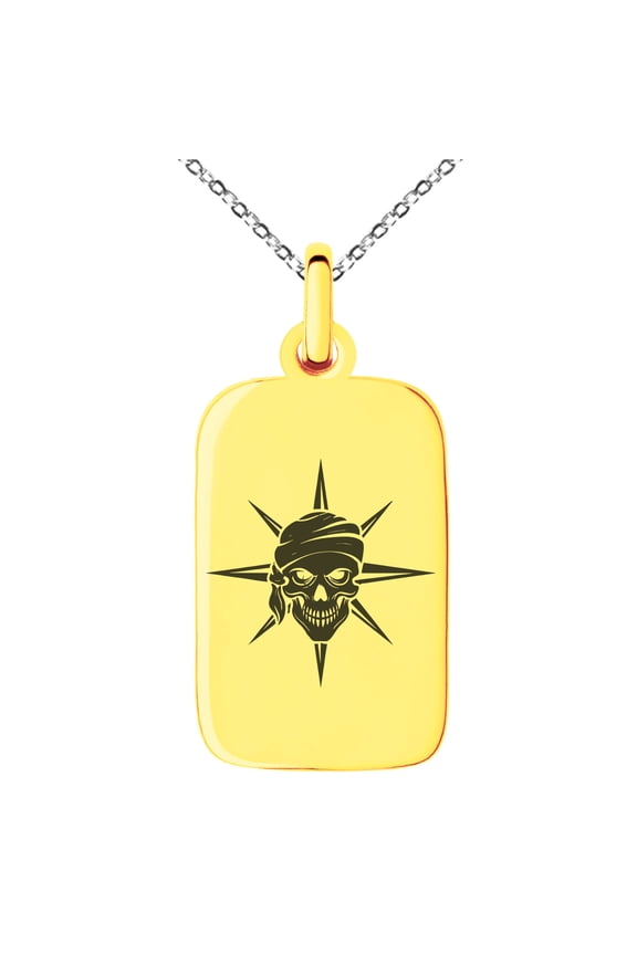 Stainless Steel Pirate Skull Star Compass Engraved Small Rectangle Dog Tag Charm Pendant Necklace