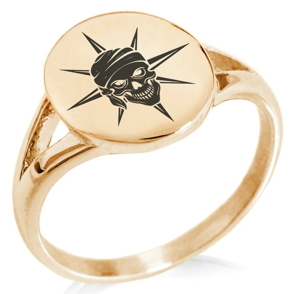 Stainless Steel Pirate Skull Star Compass Minimalist Oval Top Polished Statement Signet Ring