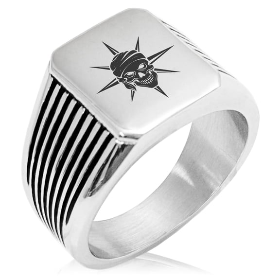 Tioneer Stainless Steel Pirate Skull Star Compass Needle Stripe Pattern Biker Style Polished Ring