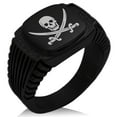 thumbnail image 1 of Stainless Steel Pirate Skull & Swords CZ Ribbed Needle Stripe Pattern Biker Style Polished Ring, 1 of 1