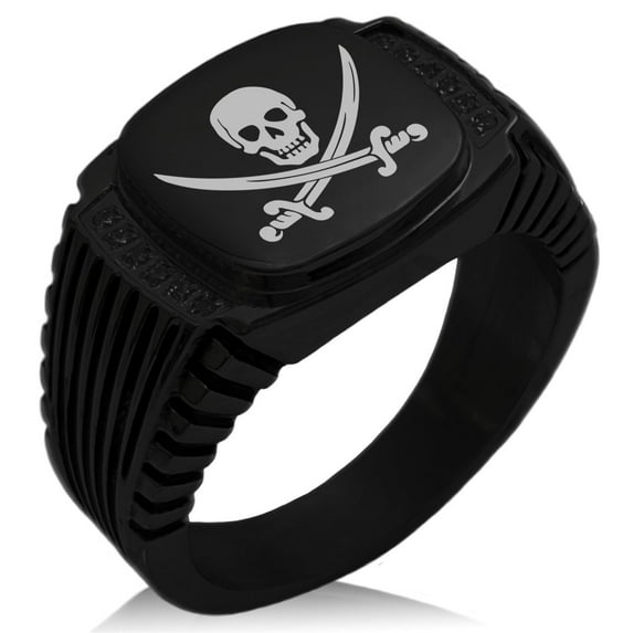Stainless Steel Pirate Skull & Swords CZ Ribbed Needle Stripe Pattern Biker Style Polished Ring