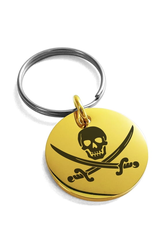 Stainless Steel Pirate Skull & Swords Engraved Small Medallion Circle Charm Keychain Keyring