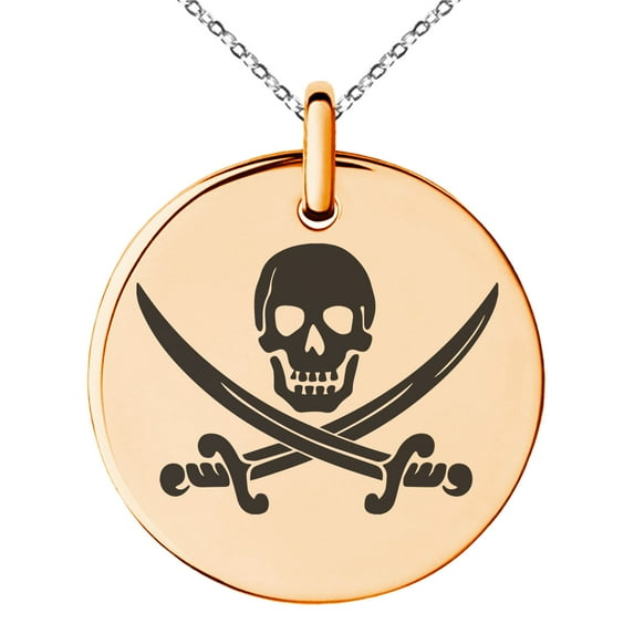 Stainless Steel Pirate Skull & Swords Engraved Small Medallion Circle Charm Pendant Necklace