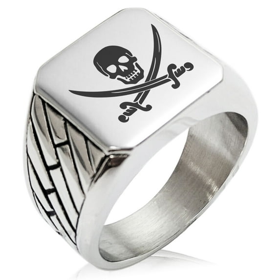 Stainless Steel Pirate Skull & Swords Geometric Pattern Biker Style Polished Ring