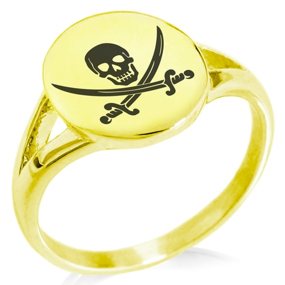 Tioneer Stainless Steel Pirate Skull & Swords Minimalist Oval Top Polished Statement Signet Ring