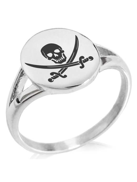 Stainless Steel Pirate Skull & Swords Minimalist Oval Top Polished Statement Signet Ring