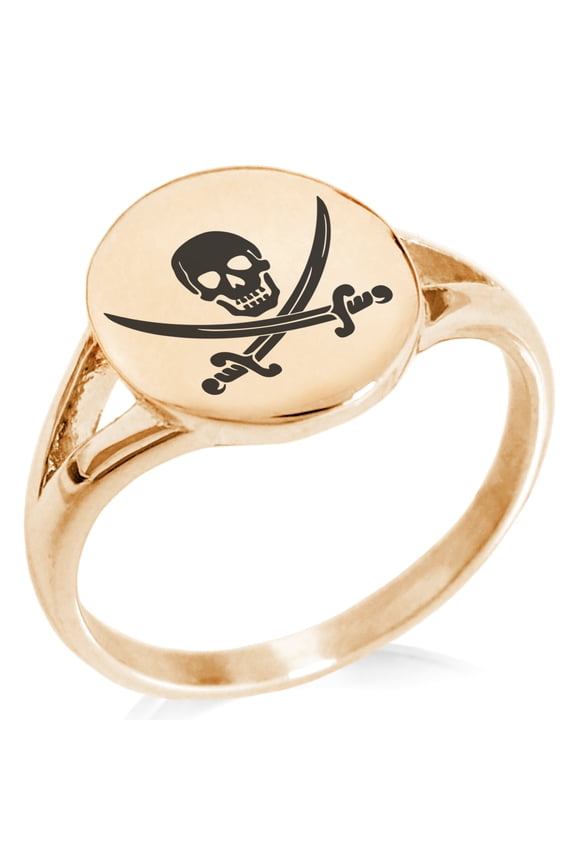 Stainless Steel Pirate Skull & Swords Minimalist Oval Top Polished Statement Signet Ring