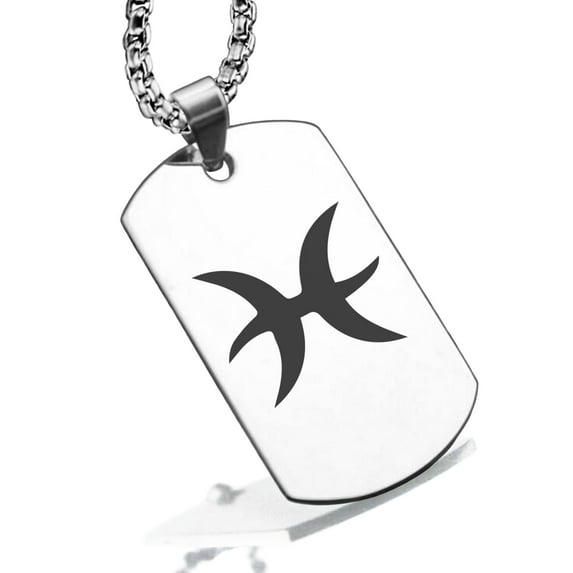 Stainless Steel Pisces Zodiac Sign (Two Fishes) Dog Tag Pendant Necklace