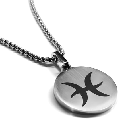 Stainless Steel Pisces Zodiac Sign (Two Fishes) Round Medallion Pendant Necklace