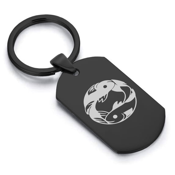 Stainless Steel Pisces Zodiac (Two Fishes) Dog Tag Keychain Circle Ring