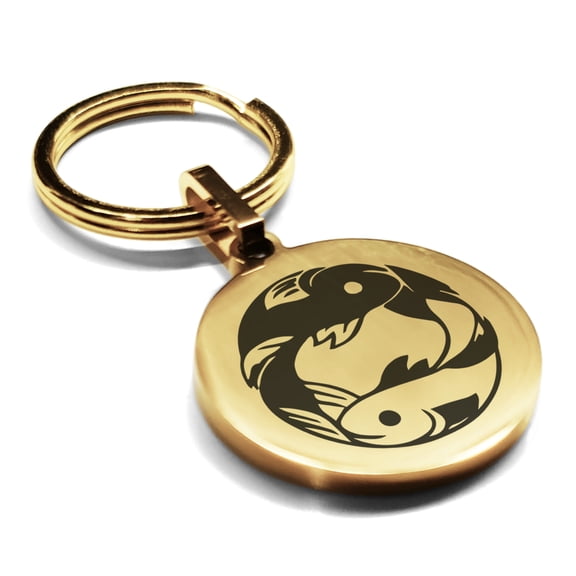 Stainless Steel Pisces Zodiac (Two Fishes) Round Medallion Keychain Circle Ring
