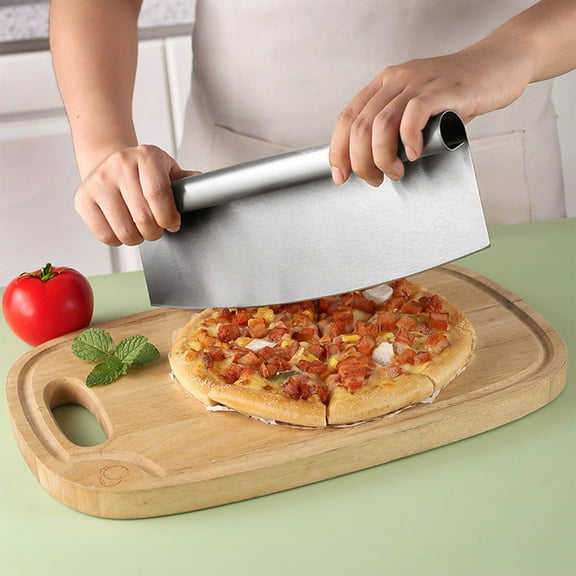 Stainless Steel Pizza Cutter - 13.77" Crescent Blade with Ergonomic Handle, Dough & Baking Tool, White Kitchen Knife for Pizza & Soft Foods, 230g