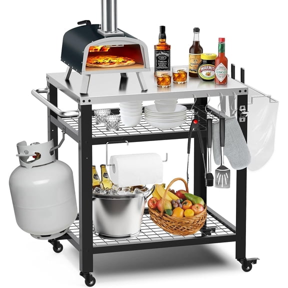 Stainless Steel Pizza Oven Table for Ooni, 650lbs Outdoor Grill Cart with Wheels and Handle, 32"x 24" Three-Shelf Food Prep Cart for Griddle, Movable Outdoor Pizza Cart