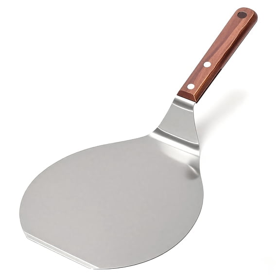Stainless Steel Pizza Peel, Round Pizza Transfer Shovel with Ergonomic Wood Handle for Baking and Grilling, Heavy Duty Metal Spatula for Home Oven and Stone, Silver