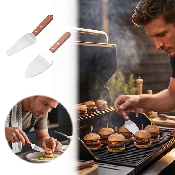 Stainless Steel Pizza Servers With Wooden Handle Triangular Spade Spatula Wide Flat Serving Turner For Cake Pie Grilling Kitchen(Silver-26X7.2Cm)
