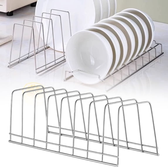 Stainless Steel Plate Rack Organizer for Kitchen Cabinets - 1-Pack Heavy Duty Dish Rack for Bowls and Plates, Multi-Purpose Lid Holder for Pots and Pans, Space-Saving Vertical Countertop Drying Rack