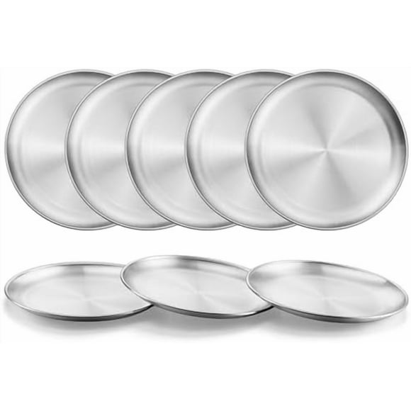 Stainless Steel Plate Set of 8, Unbreakable Kids Toddler Dinner Plates, 8 Inch Round Metal Dishes for Outdoor Camping Hiking, Party Serving, Feeding, Non-Toxic & Healthy