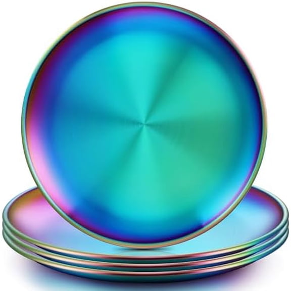 Stainless Steel Plates Set of 4, 8-inch Metal Dinner Plates for Kids Toddlers, Great for Self-feeding/Picnic/Outdoor Camping, Healthy & Non-toxic, Shatterproof & Dishwasher Safe - Rainbow