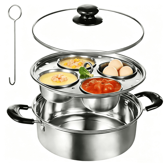 TWGRNF Stainless Steel Poached Egg Maker Pot, 4-Cup Non-Stick Egg Poacher Pan with Glass Lid, Multi-Function Steamer Cookware for Breakfast, Stovetop Use