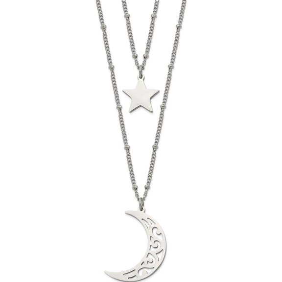 Stainless Steel Polished 2 Strand Beaded Star And Moon 30In Necklace (30 X 24.25) Made In China srn2490-30