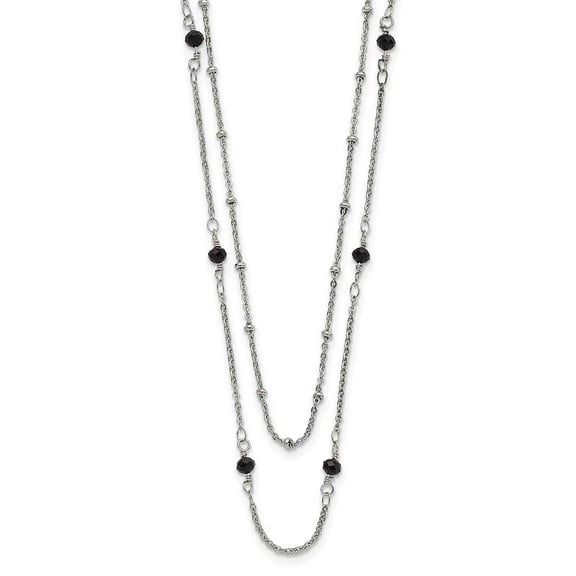 Stainless Steel Polished 2-Strand Black Crystal Beaded with 1" ext. Necklace
