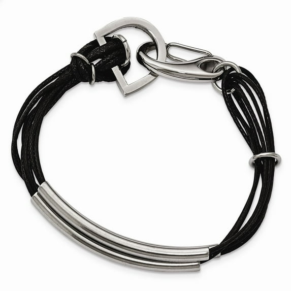 Stainless Steel Polished 3 Steel Tube With Black Wax Cord Bracelet - 8 Inch