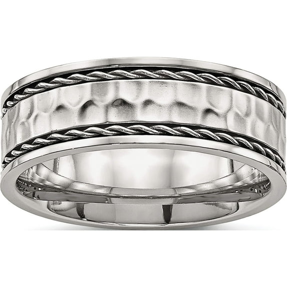 Stainless Steel Polished And Hammered 8mm Comfort Fit Band (Size 9.5) Made In China sr555-9.5