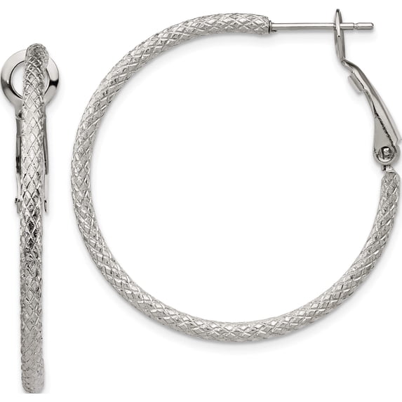 Stainless Steel Polished And Textured 2mm Omega Back Hoop Earrings (34.3 X 34) Made In China sre1379