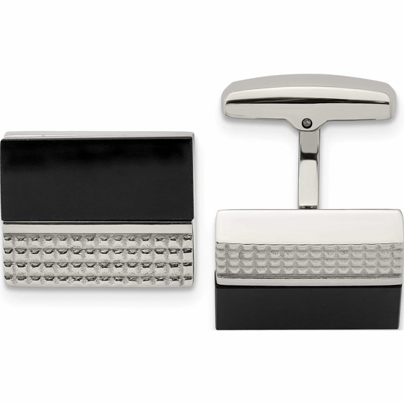 Stainless Steel Polished And Textured Black Agate Square Cufflinks (20 X 16) Made In China -Jewelry By Sweet Pea