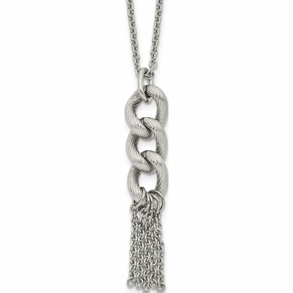 Stainless Steel Polished And Textured Chain Dangle With 2In Ext Necklace Made In China -Jewelry By Sweet Pea