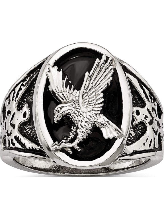 Chisel Stainless Steel Polished and Textured Enameled Eagle Ring