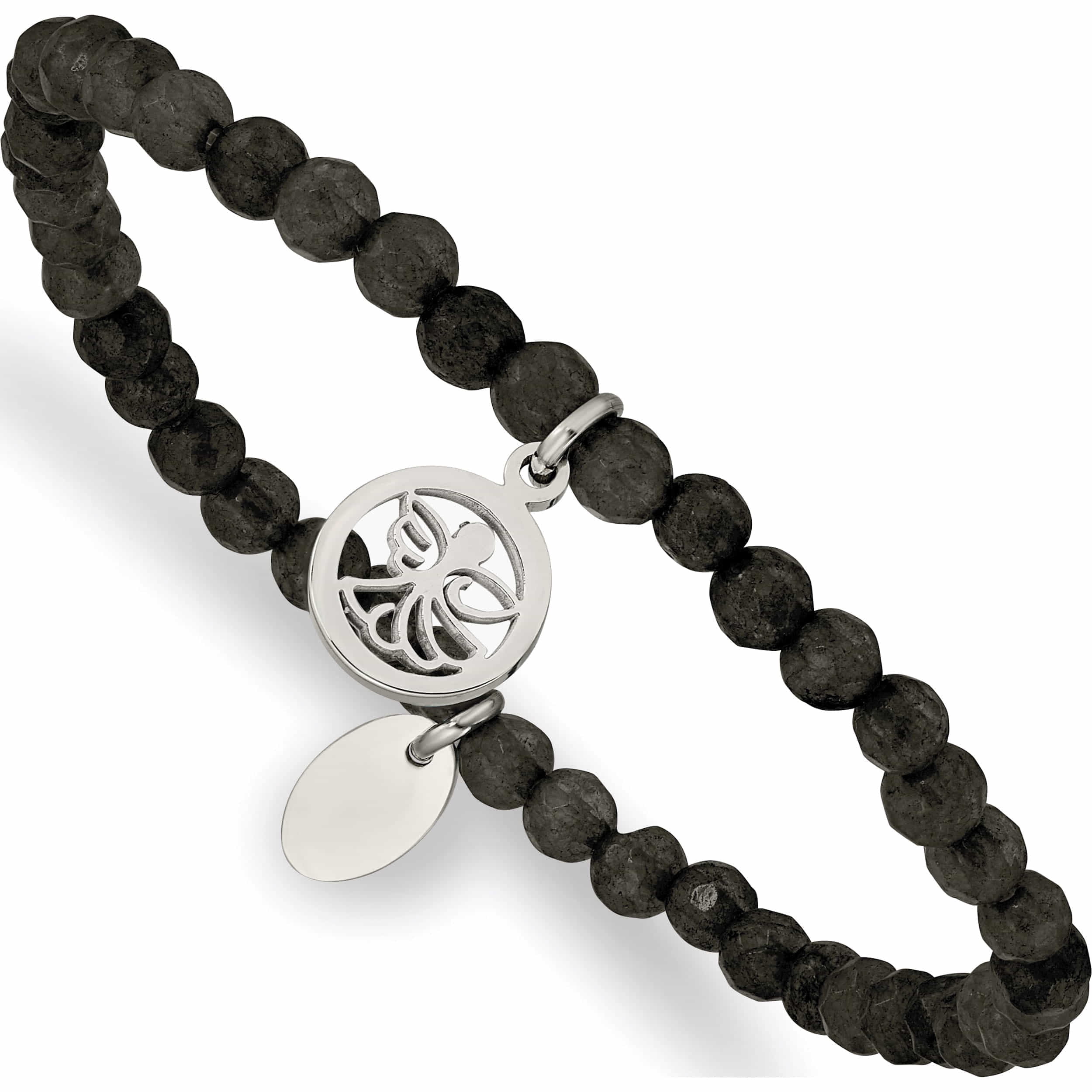 Stainless Steel Polished Angel Black Jade Beaded Stretch Bracelet Made In China -Jewelry By Sweet Pea