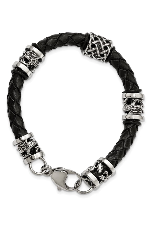 Stainless Steel Polished Antiqued Dragon Black Braided Leather Bracelet