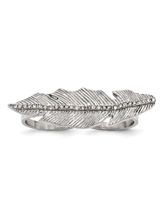 Finest Gold Stainless Steel Polished & Antiqued Leaf Two Finger 8 & 9 Crystal Ring - Size 8