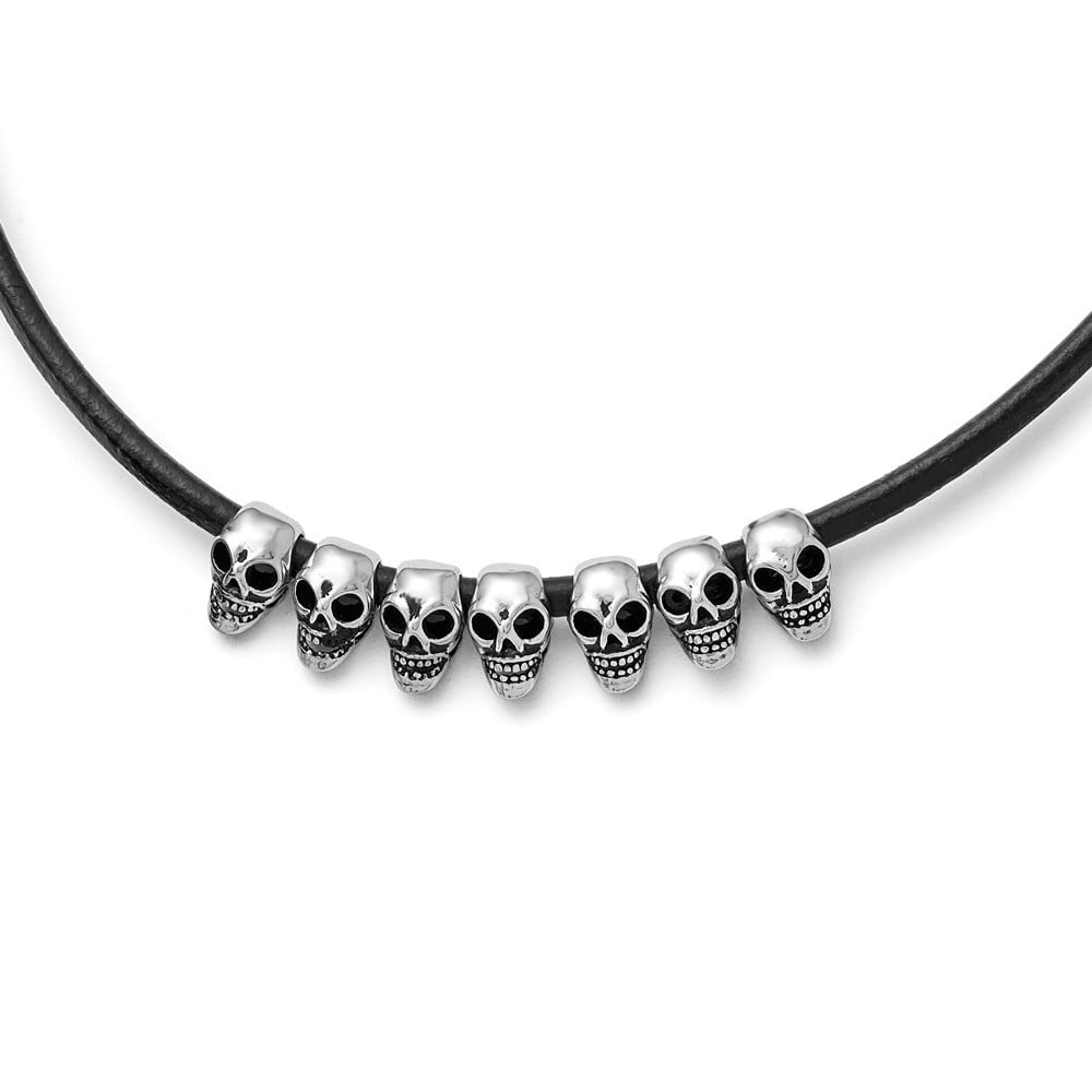 Stainless Steel Polished Antiqued Skulls Black Leather Cord Necklace - 18 Inch